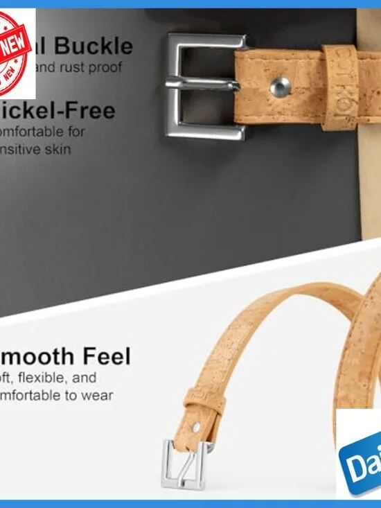 Slim 1 Inch Vegan Cork Belt with Nickel-Free Buckle, Size M - Picture 4 of 6